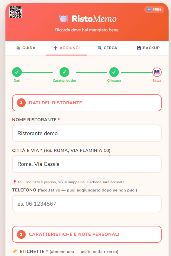 Registrazione ristorante